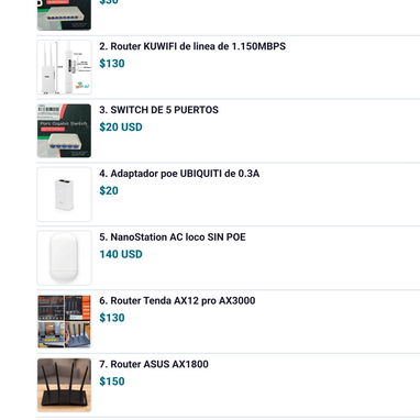 Switch dE 8 puertos $30 2. Router KUWIFI de linea de 1.150MBPS $130 3. SWITCH DE 5 PUERTOS $20 USD 4. Adaptador - 5/6