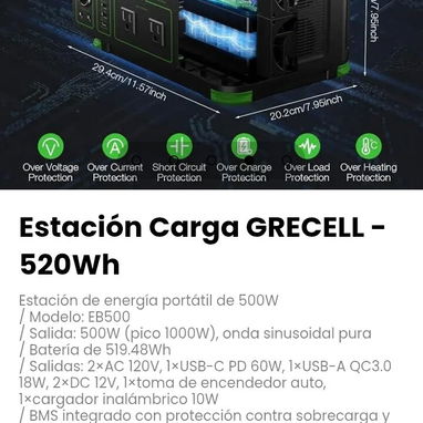 Estación Carga GRECELL - 520Wh Estación de energía portátil de 500W. Modelo: EB500 - 4/5
