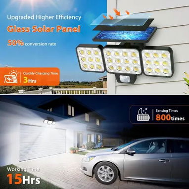 Luces Solares LED Exteriores 3500LM con Sensor de Movimiento PIR, 3 Cabezales Ajustables, Impermeables IP para Patio - 2/4