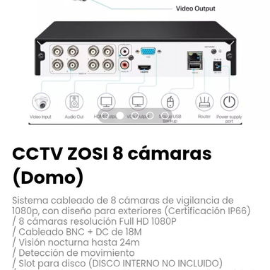 CCTV ZOSI 8 cámaras (Domo). 8 cámaras resolución Full HD 1080P. Slot para disco (DISCO INTERNO NO INCLUIDO). Nuevo - Img 109919907