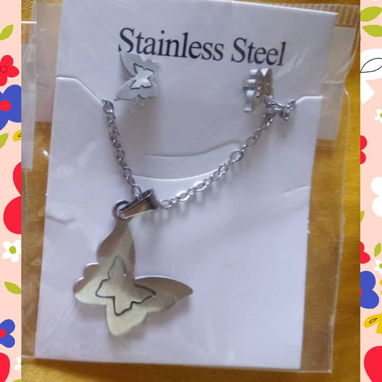 Juego de cadena y aretes p/ mujer plateados de acero inoxidable - 7/9