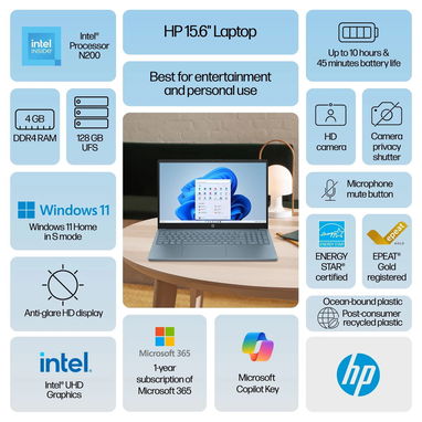 LAPTOP 🎁NUEVA🎁📦CAJA, HP (15-fd0089wm), 15.6" HD, Intel N200, 4GB RAM, 128GB SSD, 10Horas - Img 127448265