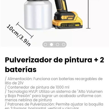 Pulverizador de pintura + 2 baterías. Funciona con baterías recargables de litio de 21V - Img 119138886