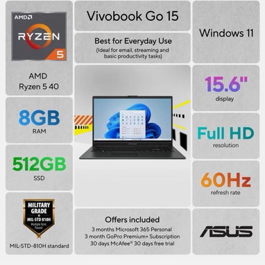 ASUS Vivobook Go 15 15.6" Full HD Laptop AMD Ryzen 5 40 8GB 512GB Windows 11 NEW - Img 124437754