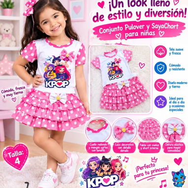 PROMO CONJUNTOS PARA NIÑA 👧 Conjunto Pulover y Saya-Short 1️⃣ Azul con lunares blancos: falda con vuelos estampado cath - 4/7