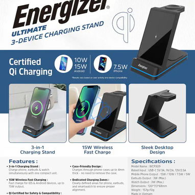 CARGADOR INALÁMBRICO ENERGIZER 3 EN 1 QI 15W RGB IPHONE AIRPODS APPLE WATCH ENVÍO DISPONIBLE + GARANTÍA - 5/10
