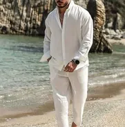 Conjunto de lino blanco para hombres , juego de lino blanco , pantalón blanco de lino. Camisa blanca de lino - Img 49651861