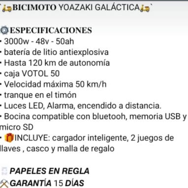 2150usd Se vende bicimoto Yoazaki Galactica 3000w nueva con todo alarma 2 llaves casco y malla de regalo 52774129 - Img 123279192
