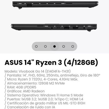 ASUS 14" Ryzen 3 (4/128GB) Modelo: Vivobook Go 14 (E1404FA-TH31) - 3/5