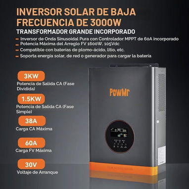 Inversor PowMr híbrido de 3000W (3kW) 24V CC a 110V, con pico de 9000W (9kW) - 2/5