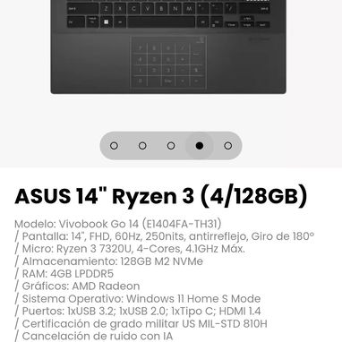 ASUS 14" Ryzen 3 (4/128GB) Modelo: Vivobook Go 14 (E1404FA-TH31) - 4/5