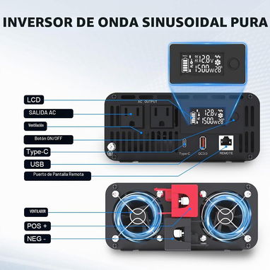 Inversor AeternaSol de onda pura 1500W(3000 pico), 12V a 120V - 3/8