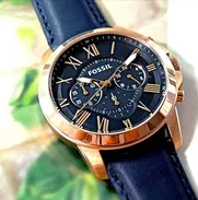 RELOJ FOSSIL CRONÓGRAFO PLATAFORMA GRANT CAJA ORO ROSA 44mm CUARZO JAPONÉS MANILLAS AZUL CUERO LEGÍTIMO ESFERA MINERAL. - Img 48471141