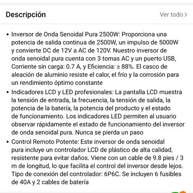 INVERSOR VEVOR de 12V a 120V de onda pura de 2500 W y Pico de 5000 W. - Img 123496078