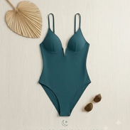 Traje de Baño Enterizo Escote Profundo Azul Verdoso Talla S - Img 58132709