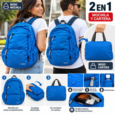 Mochila plegable – 13 USD  Mochila ligera y práctica para el uso diario, viajes o llevar compras y artículos personales. - 2/3