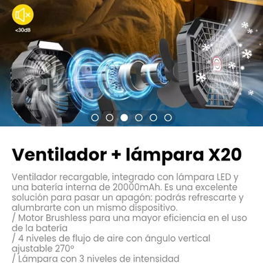 Ventilador + lámpara X20. Ventilador recargable, integrado con lámpara LED y una batería interna de 20000mAh. - Img 121348367
