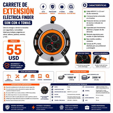 🚧 CARRETE DE EXTENSIÓN ELÉCTRICA FINDER 50M CON 4 TOMAS Y DE 40M CON 4 TOMAS 🚧 - 6/6