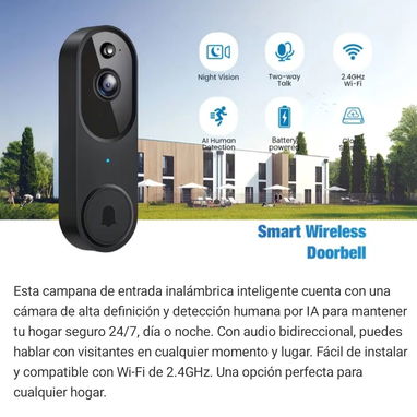 Timbre inteligente con cámara HD, visión nocturna, audio bidireccional, detección humana por IA y Wi-Fi 2.4 GHz. Recibe - 2/3