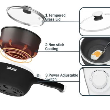 Sartén - Olla eléctrica portátil DEZIN de 1,5 L, antiadherente 300W/ 700W para ecoflow y sistemas solares - 7/8