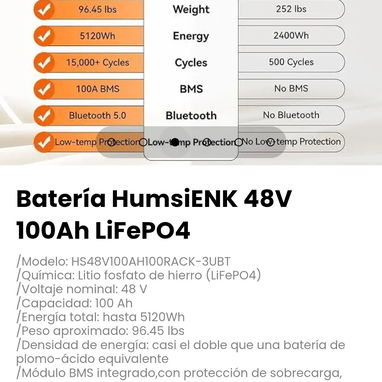 Batería HumsiENK 48V 100Ah LiFePO4.Módulo BMS integrado,con protección de sobrecarga, descarga excesiva, cortocircuito - 3/6