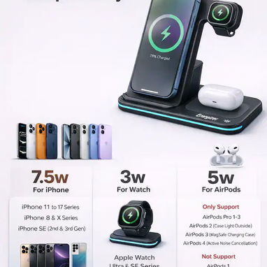 CARGADOR ENERGIZER 3 EN 1 QI 15W RGB IPHONE AIRPODS APPLE WATCH ENVÍO DISPONIBLE + GARANTÍA - 2/10
