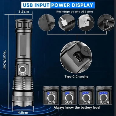 🔦 Linterna LED Recargable de Alta Potencia 💥 5 Modos | Zoom Ajustable | USB | Resistente al Agua | Camping, Emergencia - Img 106928017