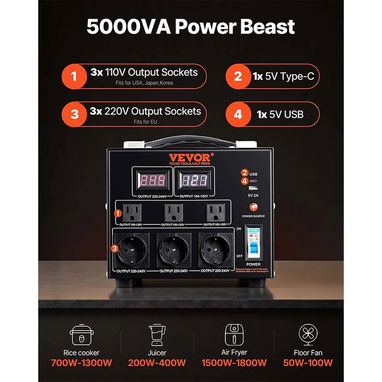 Transformador Convertidor de Voltaje VEVOR 5000W 110V-220V Step Up Down Universal Negro - 5/7
