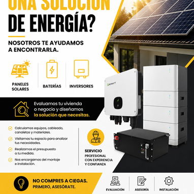 Montaje e instalación.  Soluciones energéticas diseñadas para tu hogar o negocio. Evaluación · Asesoría · Presupuesto · - 3/4