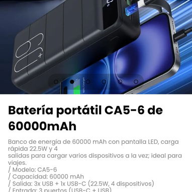 Batería portátil CA5-6 de 60000mAh. Batería: Litio-polímero - 2/6