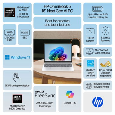 LAPTOP 🎁NUEVA🎁📦CAJA, HP OmniBook 5 (16-ag1070wm), 16.0" IPS, AMD Ryzen AI 7 350, 16GB DDR5x, Radeon 860M, 512GB, 12H - 9/9