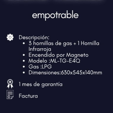 Cocina empotrable Milexus de 3 hornillas de gas + 1 hornilla infrarroja - Img 123043263