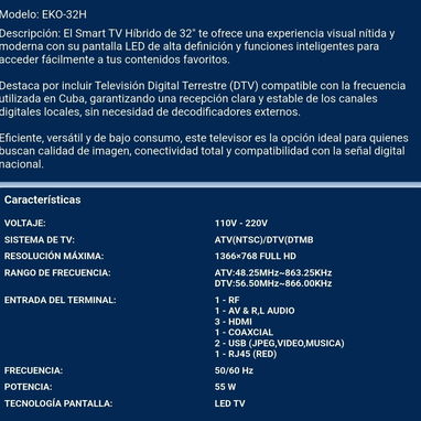 Televisor Smart TV de 32" pulgadas marca EKO con cajita digital incluida + soporte de pared 🔷️ $220 - 2/2
