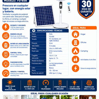 Ventilador Recargable de Pedestal PATIX FS-858 con Panel Solar - 2/2