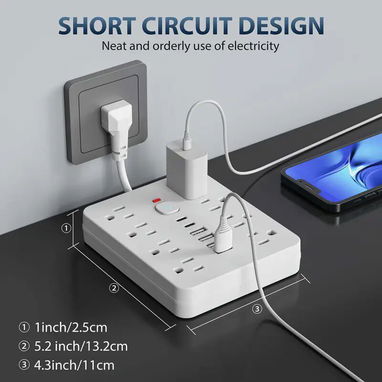 Regleta eléctrica compacta con múltiples tomas de corriente y puertos USB - 7/7