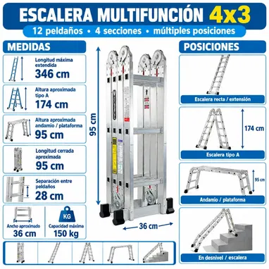 📢 Escaleras multiposicion articuladas de aluminio con varias medidas 4x3 y 4x5 disponibles. Importadas - 2/2