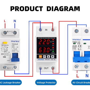 Braker y protector de alto y bajo voltage con relé y ajustable 63A 120V y 240v - 6/10