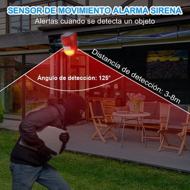 ALARMA SOLAR CON SENSOR DE MOVIMIENTO, SIRENA Y LUZ DE AVISO (NO REQUIERE ELECTRICIDAD) - 7/9