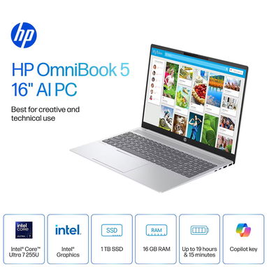 LAPTOP 🎁NUEVA📦CAJA, HP OmniBook 5 16 (16-af1019wm), 16" WUXGA, Táctil, Intel Core Ultra 7 255U, 16GB DDR5, 1TB, 12H - 3/8