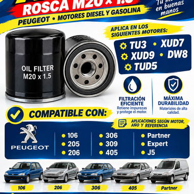 Filtro de aceite de Peugeot, Renault Sandero m20x1.5 de rosca de Peugeot y Renault todos los motores filtro alemán - 2/4