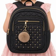 Mochila Negra Acolchada Tachas Doradas Pompón Uso Diario - Img 58269475