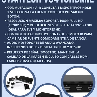Switch HDMI 4x1 StarTech VS410HDMIE con Control Remoto - 1080p, DTS-HD - Img 107522717
