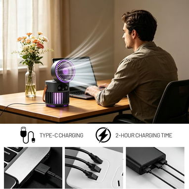 🌬️🦟💡 Ventilador portátil 3 en 1 con luz nocturna, mata mosquitos, 5 velocidades, batería 3600mAh recargable - 7/9