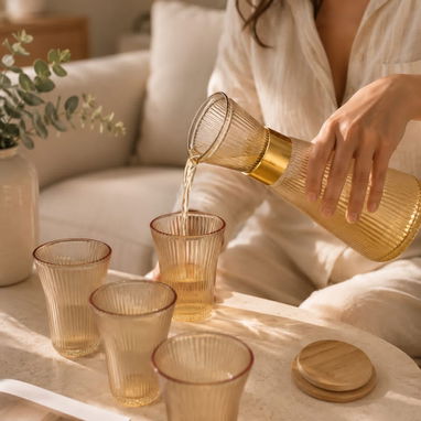 Set de Jarra con Vasos – Estilo Elegante en Vidrio Ámbar - 2/3