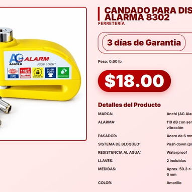 CANDADO PARA DISCO CON ALARMA 8302 . rojo azul amarillo negro - 4/5