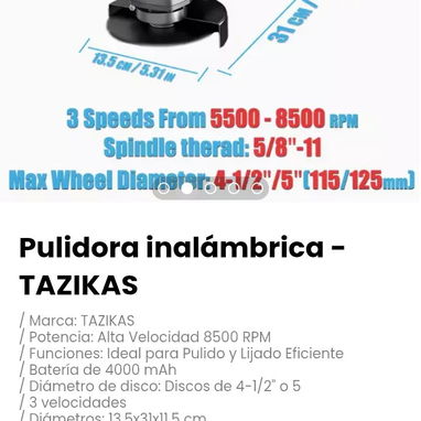 Pulidora inalámbrica - TAZIKAS. Incluye 2 discos de corte, cargador y 1 batería 4Ah, llave de ajuste - 2/4
