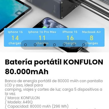 Batería portátil KONFULON 80.000mAh. Marca: KONFULON / Modelo: A49Q - 3/7