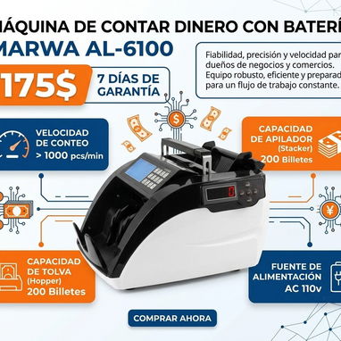 MAQUINA DE CONTAR DINERO CON BATERIA - MARWA AL-6100, ENTREGA DE FACTURA PARA SU GARANTÍA. VARIEDAD DE ARTÍCULOS - Img 126234874
