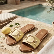 Sandalias planas tipo slide color amarillo pastel con hebilla dorada - Img 56097866