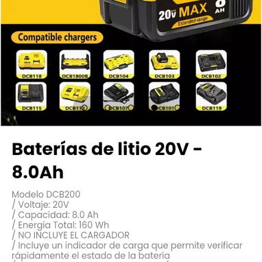 Baterías de litio 20V - 8.0Ah. Modelo DCB200 - 4/5